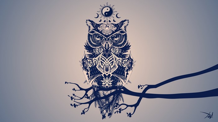 Tribal owl with celestial symbols on a branch
