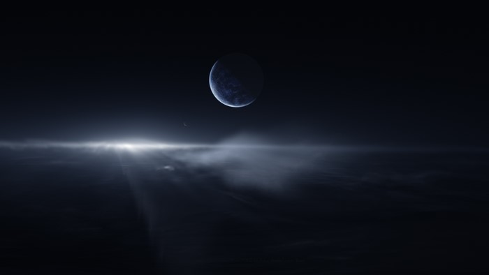 Planet and moon in space with light rays