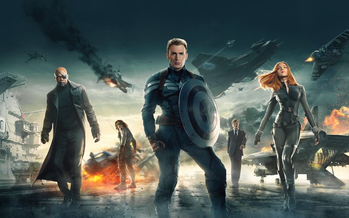Captain America, Black Widow, and Nick Fury from Captain America: The Winter Soldier