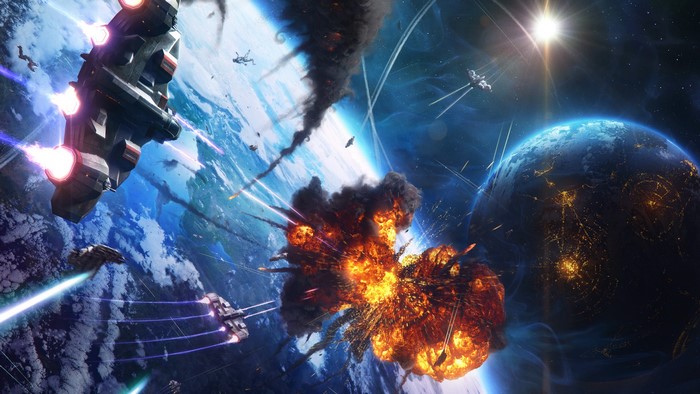 Space battle with explosions and spaceships near a planet