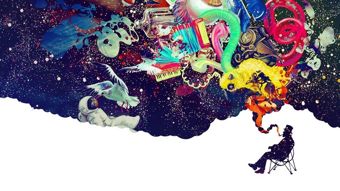 Surreal astronaut and man smoking pipe in space