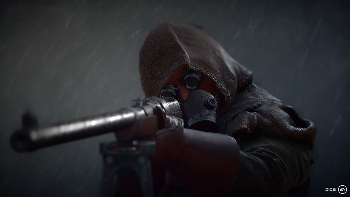 Soldier with gas mask and rifle in Battlefield 1