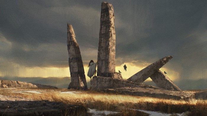 Woman and birds near ancient stone ruins