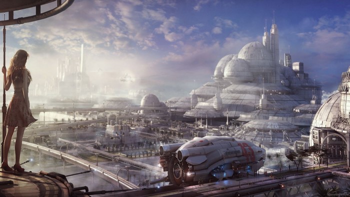 Woman overlooking a futuristic city with a spaceship