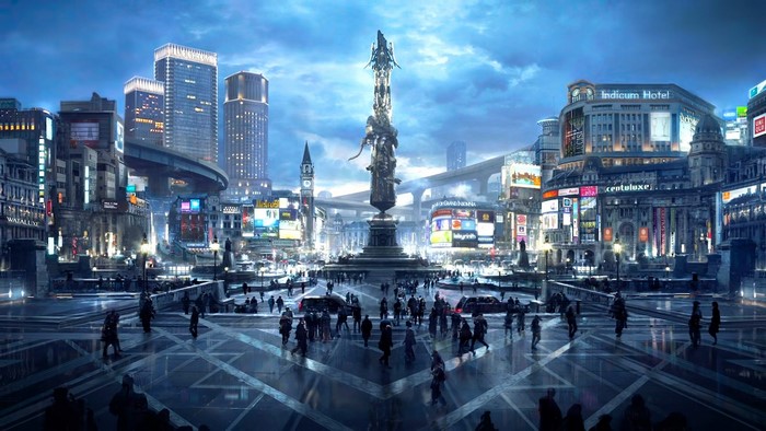 Futuristic city square with monument and people