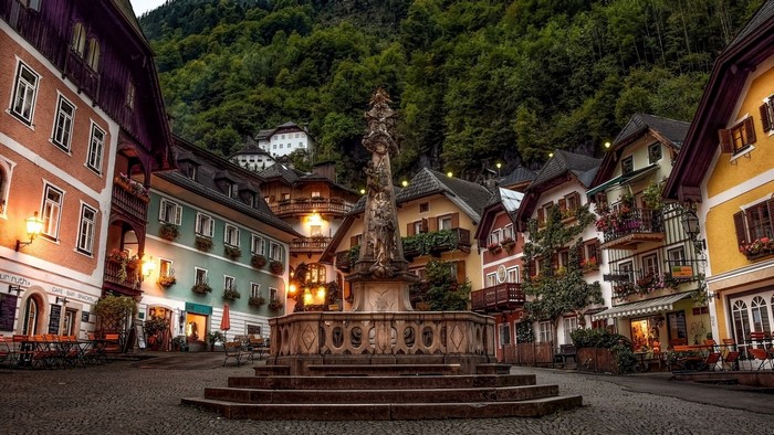 Town square with fountain in Hallstatt, Austria