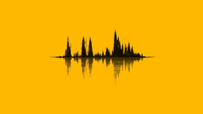 Minimalist forest silhouette with reflection and birds