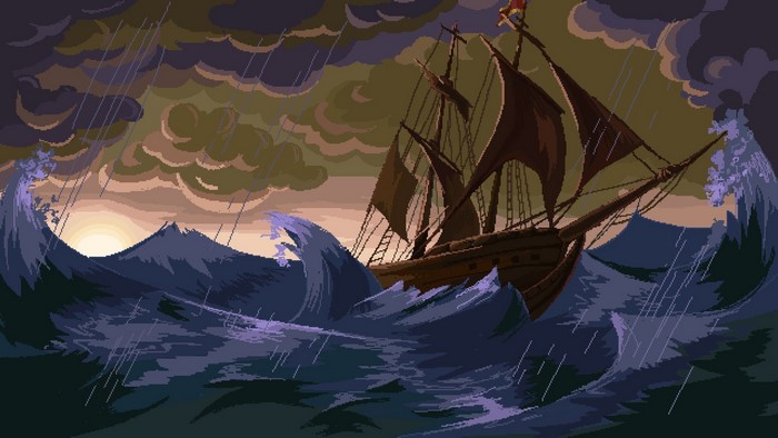 Pixel art ship in a stormy sea with waves and rain