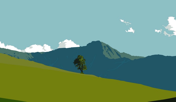 Minimalist landscape with tree and mountains