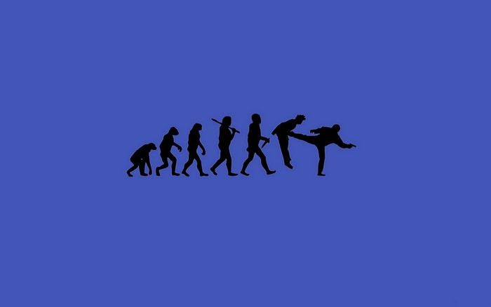 Evolution of martial arts silhouettes on blue background