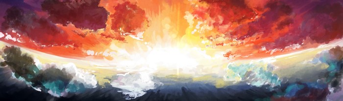 Dramatic sunset sky with colorful clouds over dark landscape