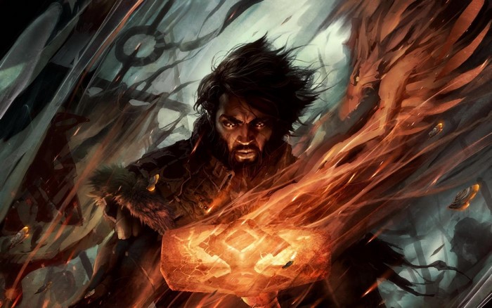 Perrin Aybara from The Wheel of Time with a flaming hammer