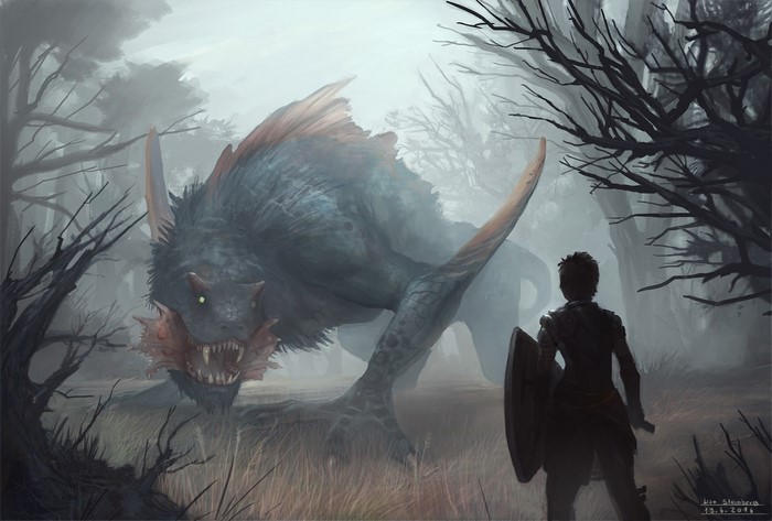 Warrior facing a large monster in a foggy forest