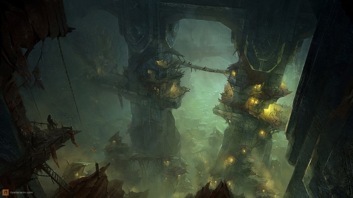 Fantasy art of a dark, industrial city with bridges and chains