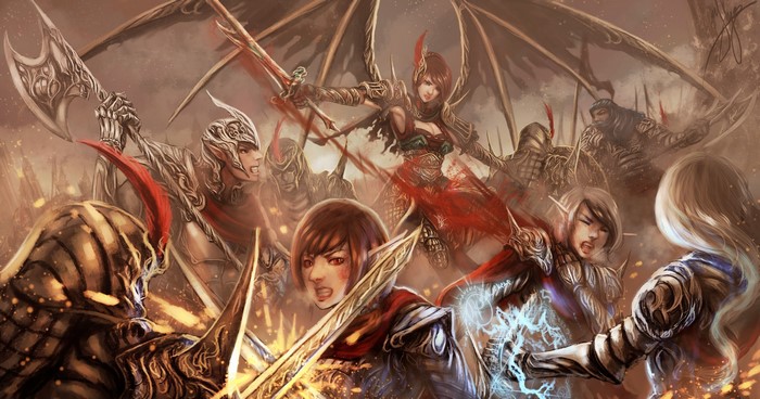 Fantasy warriors in bloody battle with swords and axes