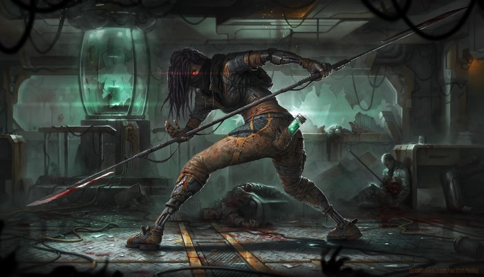 Futuristic warrior with spear in laboratory