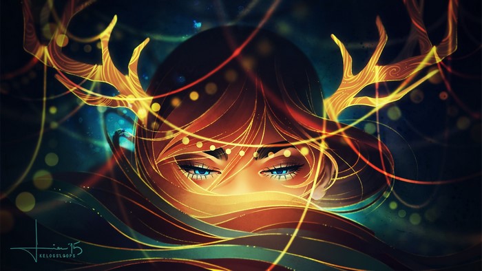 Fantasy girl with blue eyes and glowing antlers