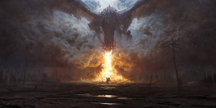 Dragon breathing fire on a warrior in a dark fantasy landscape