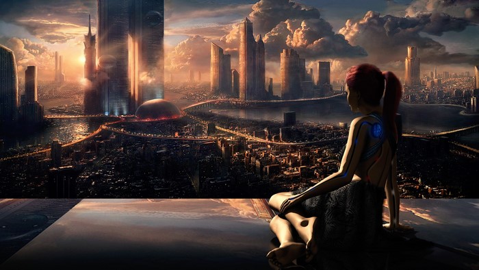 Android overlooking futuristic city at sunset