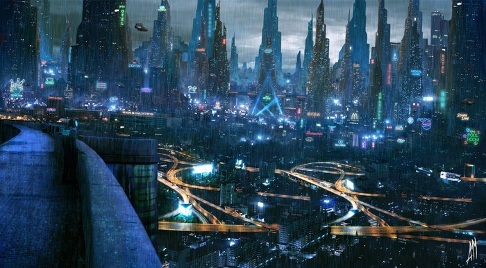 Futuristic Cityscape at Night with Rain and Neon Lights