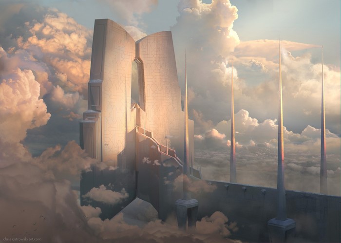 Futuristic temple architecture in the clouds at sunset