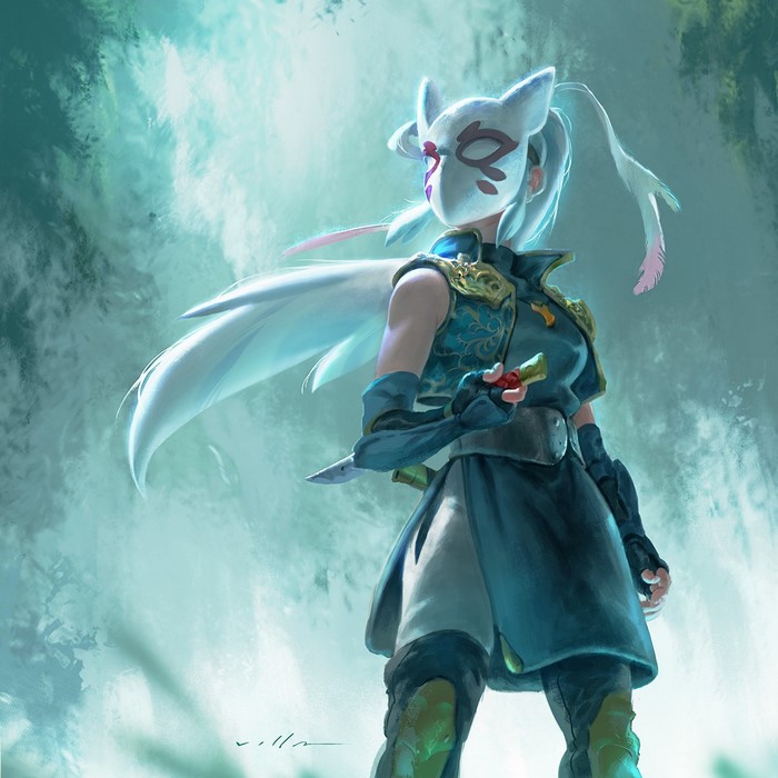 Fantasy ninja with fox mask holding a dagger
