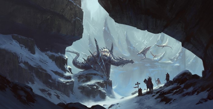 Fantasy artwork of a dragon in a snowy mountain cave with flying creatures and adventurers