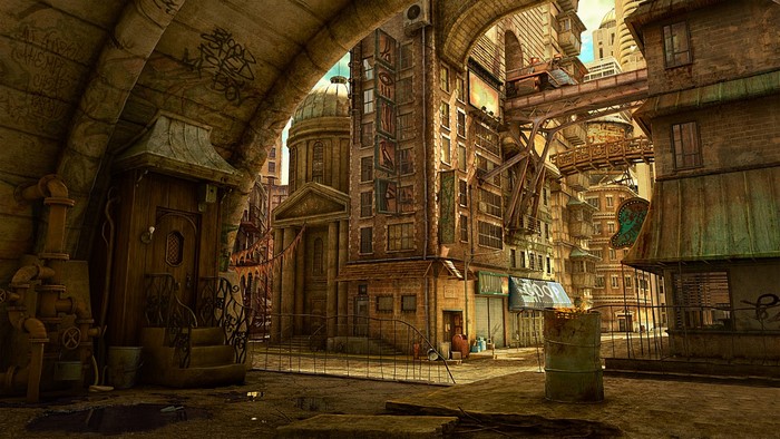 Steampunk City Street with Arches and Buildings