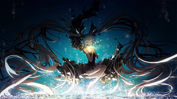 Hatsune Miku from Vocaloid underwater with black dress
