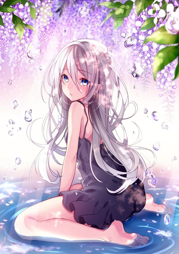 Anime girl with long silver hair in water