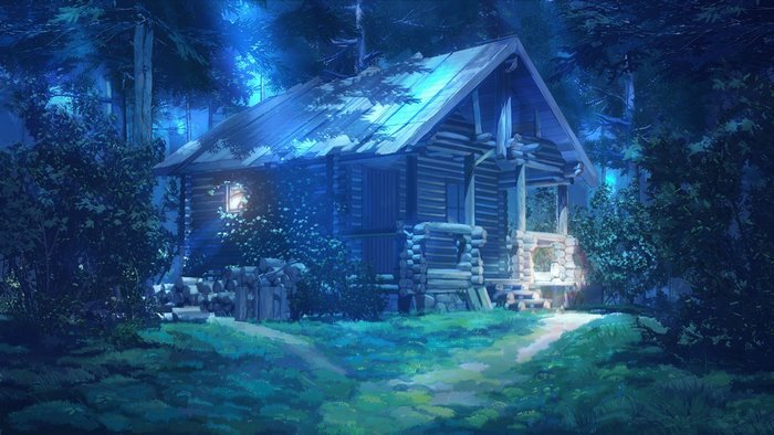 Log cabin in a dark forest at night