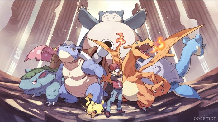 Red with his Pokemon team
