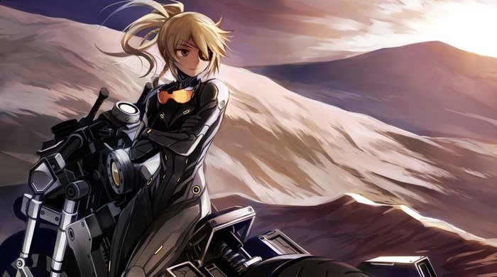 Anime girl with blonde ponytail and eyepatch on a motorcycle