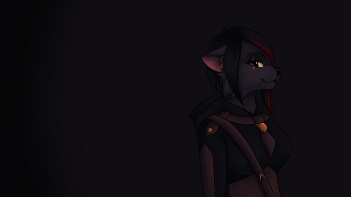 Anthropomorphic wolf character with red accents
