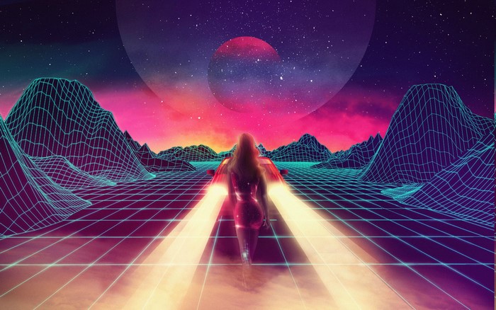Woman in red dress driving a car in a retro wave landscape