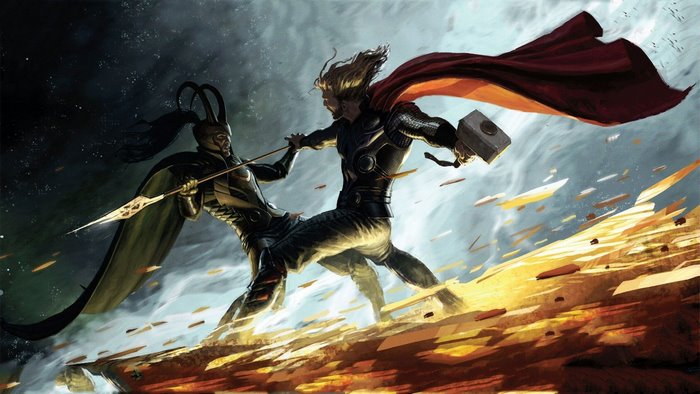 Thor and Loki fighting