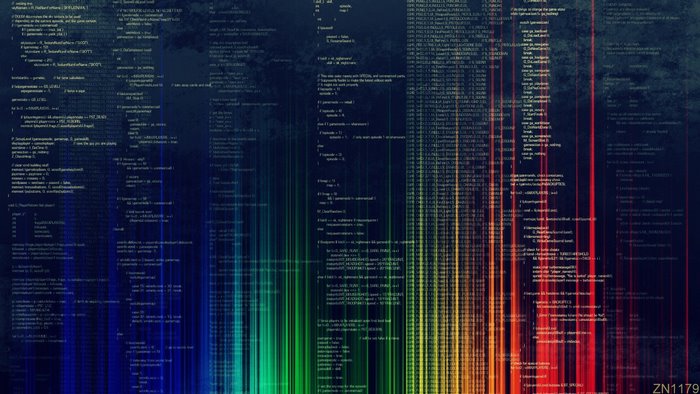 Abstract code with rainbow light streaks
