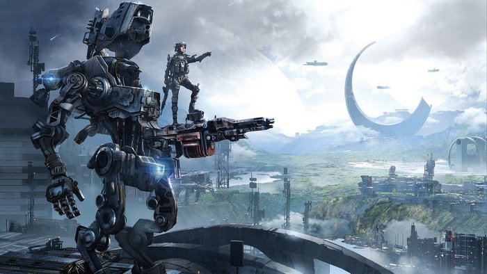 Titanfall robot with pilot overlooking futuristic city