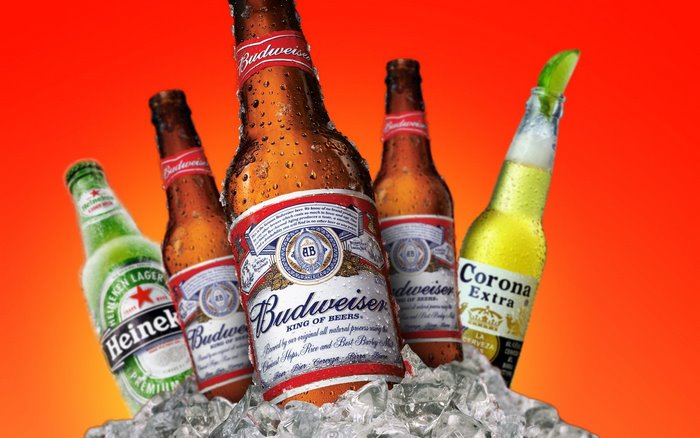 Budweiser, Heineken, and Corona beers on ice