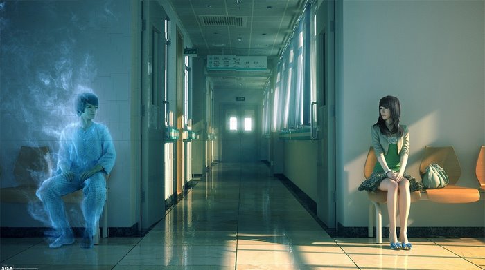 Ghostly figure and girl in hospital hallway
