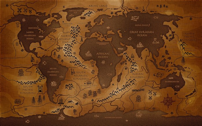 Fantasy World Map with Fictional Kingdoms and Oceans