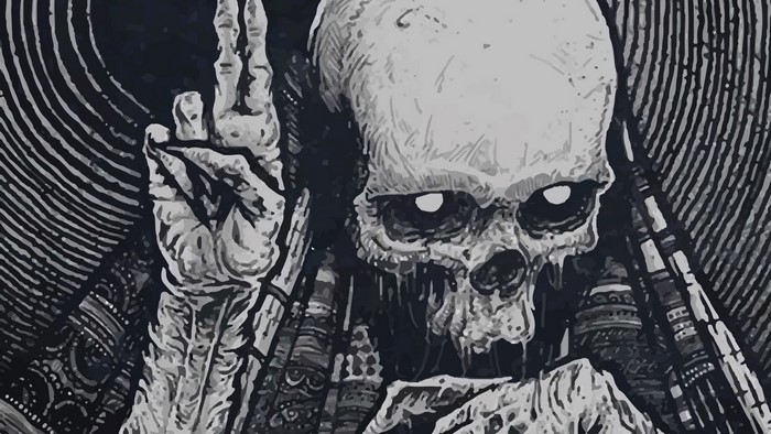Dark illustration of a skeletal figure with glowing eyes