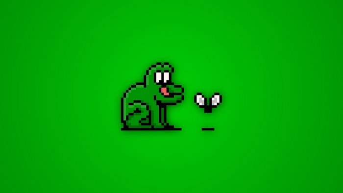 Pixel art frog and fly on green background