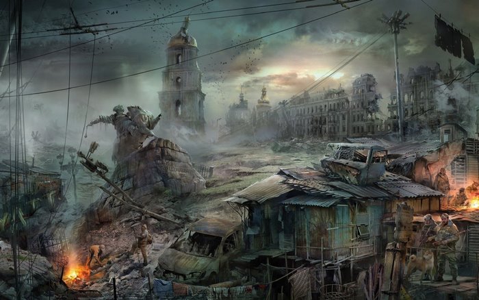 Apocalyptic ruins of Kiev, Ukraine with soldiers