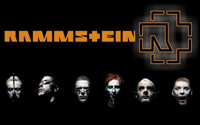 Rammstein band members with stylized makeup and logo