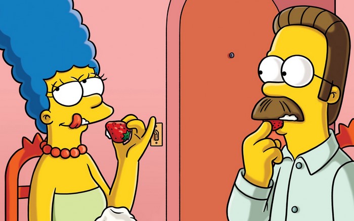 Marge Simpson and Ned Flanders eating strawberries