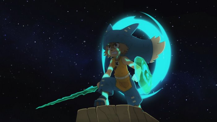 Yugo from Wakfu with glowing sword and shield