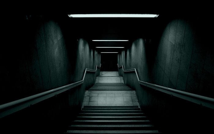 Dark concrete stairs with handrails and overhead lights