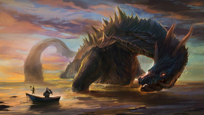 Fantasy art of a dragon and fishermen in a boat