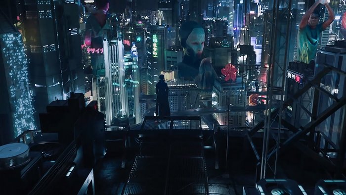 Major Kusanagi from Ghost in the Shell in futuristic city